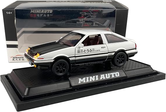 Initial D 1:28 Scale Trueno AE86 Sprinter Alloy Model Pop-up Headlights on Decoration Display Base (White & Black)