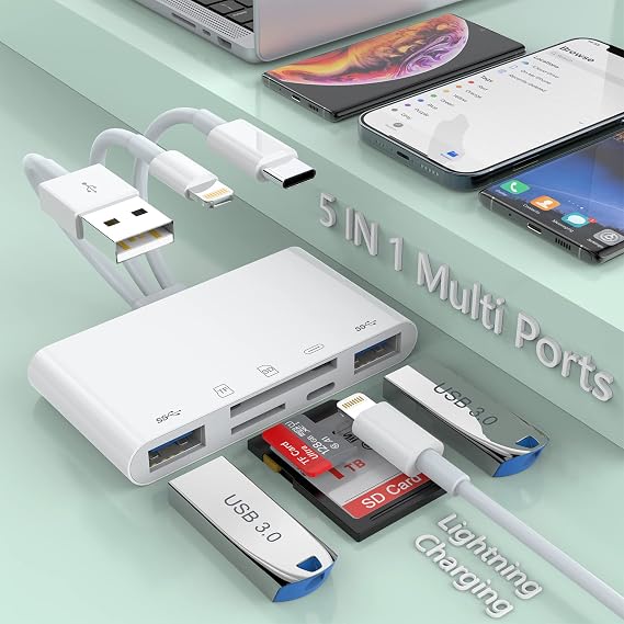 Multi 5-in-1 Lightning+Type C+USB A Card Reader for iPhone/iPad/Android/Mac Book/Computer/Tablet/Camera/Hard Disk/Flash Drive,OTG Memory Adapter for SD/Micro SD/SDHC/SDXC/MMCMFI
