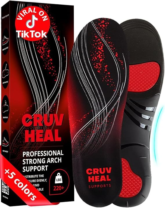 CRUVHEAL 220+ lbs Plantar Fasciitis Insoles Men High Arch Support Black,XXL