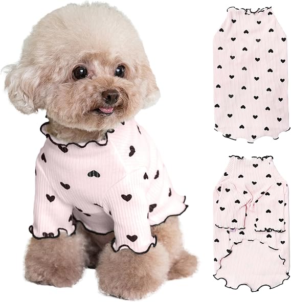 Pet Clothes for Small Dogs Cat Summer Fall Heart Print Shirt Stretchable Ruffle Long Sleeve Outfits for Chihuahua Schnauzer Shih Tzu Yorkie (Pink, S)