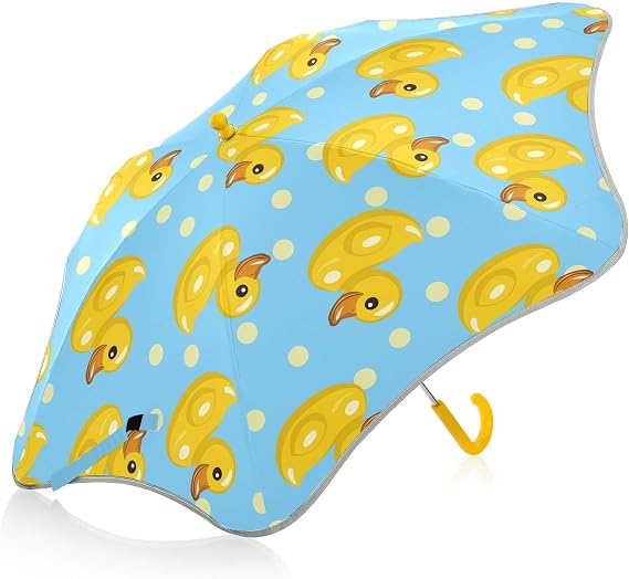 Little Yellow Duck Yellow Polka Dots Kids Umbrella for Girls Boys Windproof Anti-UV Folding Stick Umbrellas with Reflective strip & Rounded Corner Lightweight for Walking School Travel