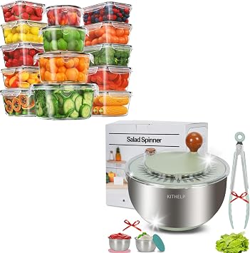 28 Pieces Food Storage Containers with Lids Storage Airtight Leak-Proof Food Boxes for Kitchen, Stainless Steel Salad Spinner Large, Vegetables Fruits Wash Bowl with Strainer,