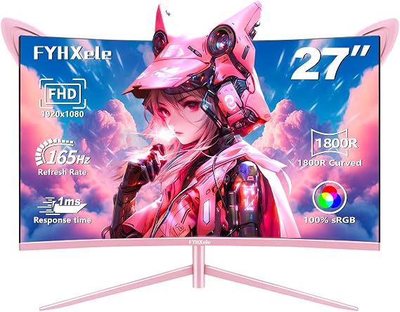 FYHXele 27 inch Gaming Monitor, Pink 1800R Curved Monitor, FHD-1920X1080P, 165Hz, 1ms, Fast IPS, FreeSync Hdmi Monitor with Ultrathin, HDMI/DP/USB Vesa/Wall Mount Computer Monitor-Pink