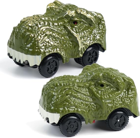 BEMITON Pack of 2 Dinosaur Car Toy - Birthday Gifts for 3 4 5 6 7 Year Old Boys Kids, Replacement Track Car with LED Light Up - Dino Accessories Compatible with Race Track Building Kits
