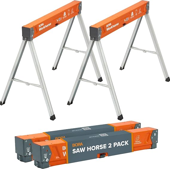 BORA Workhorse Saw Horses 2 Pack Folding Heavy Duty Metal Sawhorse