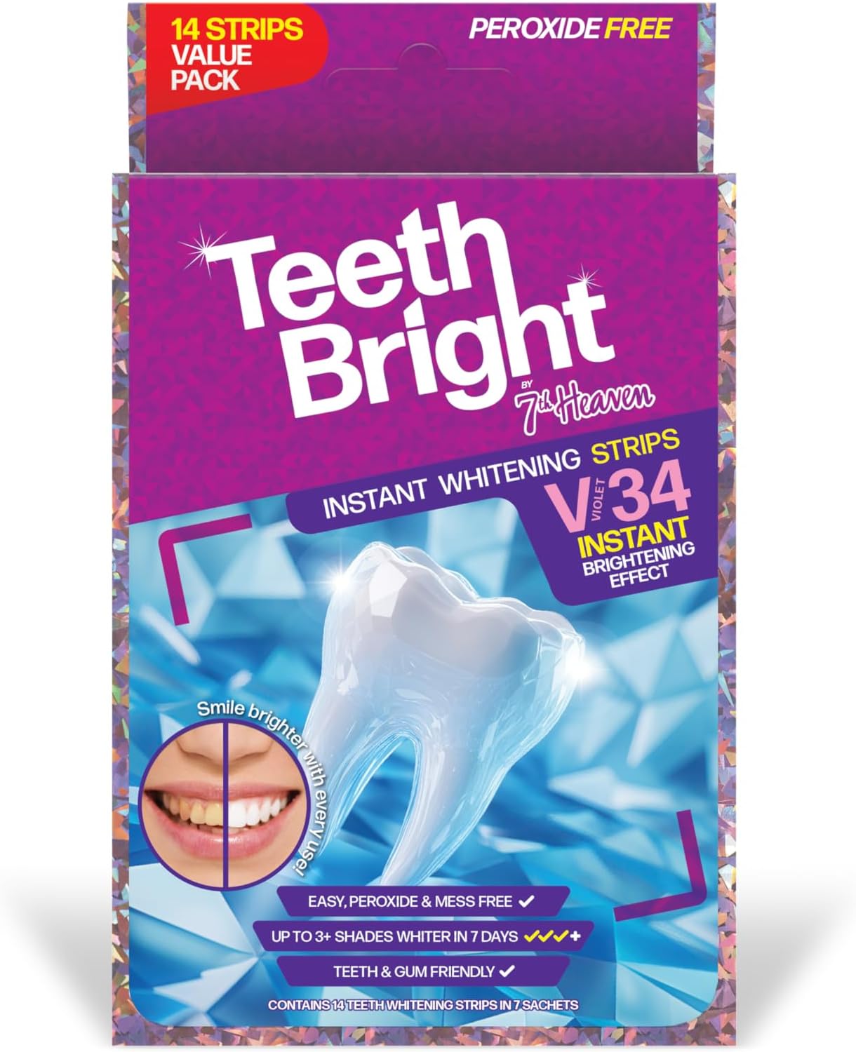 Purple Teeth Whitening Strips by 7th Heaven, White Teeth Strips x 7, Teeth Whitener and Teeth Stain Remover, Sensitive Tooth Whitening Strip, Hydrogen Peroxide Free
