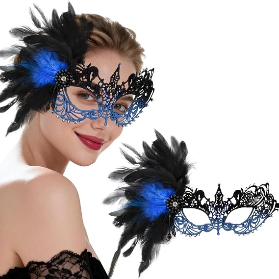 Hoshin Masquerade Mask for Women, Lace Venetian Masks with Feathers and Rhinestone Mardi Gras Costume Deecorations