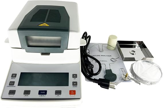 Halogen Moisture Analyzer Meter Halogen Moisture Balance Halogen Lamp Moisture Analyser With Capacity 110g Readability 0.001g Operating Temp 5C-35C HBM Sensor RS232 Interface 90mm Pan Size