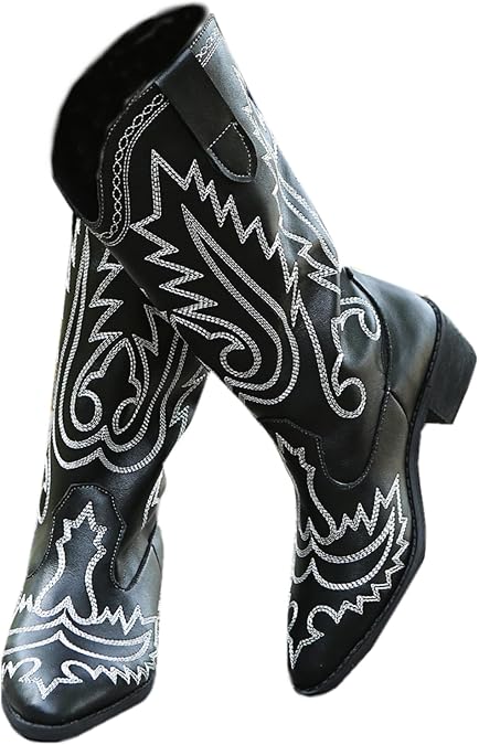 Western Cowgirl Cowboy Ankle Boots for Women Mid Calf Short Booties with Embroidery Round Toe Chunky Low Heel Shoes