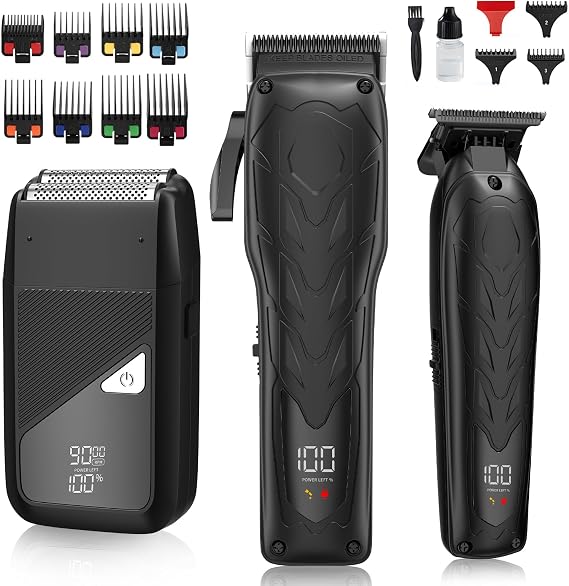 QREEYX Hair Clippers for Men Professional, 7500Rpm Beard Trimmer, IPX6 Waterproof Electric Shavers 3 in 1 Hair Cutting Kit for Men, Cordless Barber Clipper Set with LED Display for Mens Gifts