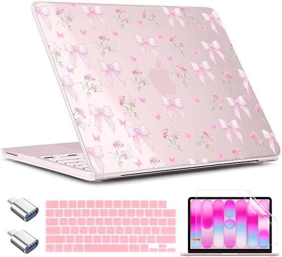 TWOLSKOO for MacBook Neo 13 inch Case 2026 A3404 A18 Pro Chip, Plastic Hard Shell Pattern Case with Type C Adapter, 2 Webcam Covers, Keyboard Cover & Screen Protector, Pink Gingham Bows