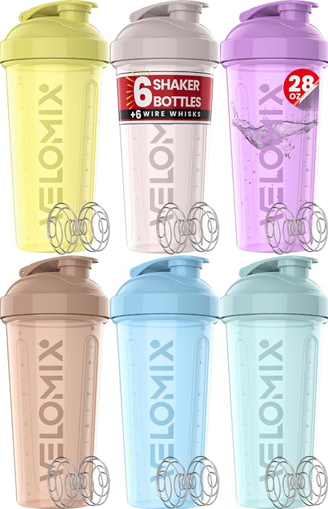 VELOMIX 6 Pack 28oz Protein Shaker Bottle, Pastel Power Series | 6x Wire Whisk, Leak Proof Shaker Cups for Protein Shakes, Stackable, Dishwasher safe, BPA free, Pre Workout and Fitness ready