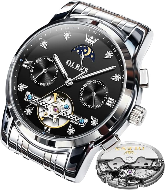 OLEVS Herrenuhren Automatik Mechanische Schwarz Armbanduhr mit Skelettiertem Tourbillon Kalender Wasserdicht Leuchtende Klassische Luxus Armbanduhren für Herren
