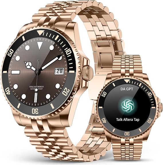 2025 DA GPT Smart Watch, Deep Search, Heart Rate, Blood Pressure, Blood Oxygen, Sleep Monitor, 107 Sports Modes, Waterproof Round Watch, 1.19-inch AMOLED Display, Compatible Android and iOS Gold Metal