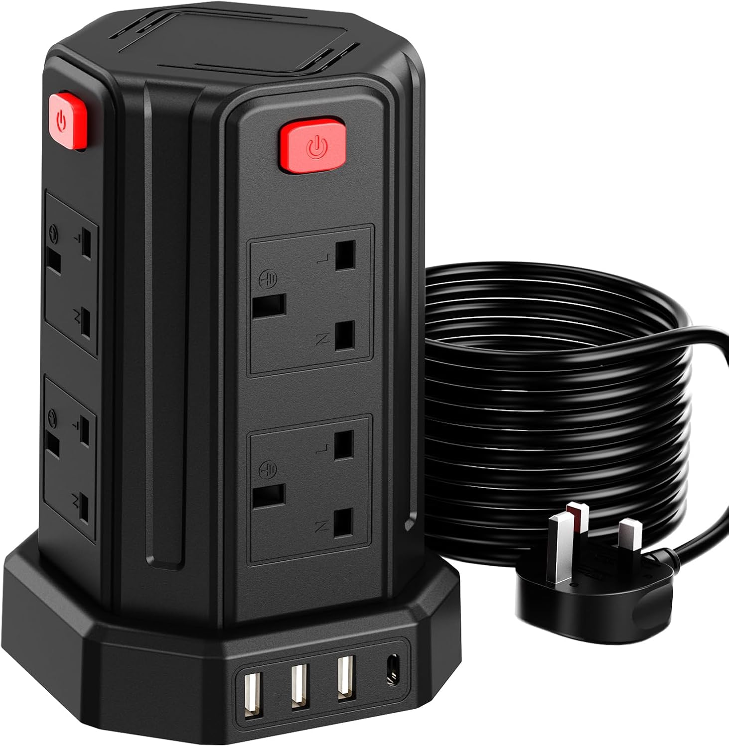 Tower Extension Lead 5M, 13A 3250W, 8 AC Outlets and 4 USB Ports Extension Tower, Surge Protection Extension Lead with 4 Independent Switch, 17W USB C Ports Extension Cable 3M for Office, Home