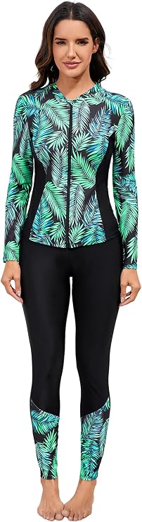 OBEEII Women Tropical Print Swimsuits Full Coverage Long Sleeve Surfing Rash Guard Swimwear Burkini Summer Beach Bathing Suit
