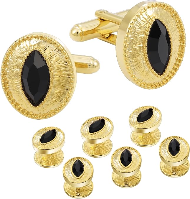 Tuxedo Studs and Cufflinks Set, Gold Cuff Links Mens and Tuxedo Shirt Buttons Suit Accessories Crystal Tux Studs for Shirt Formal Kit Business or Wedding