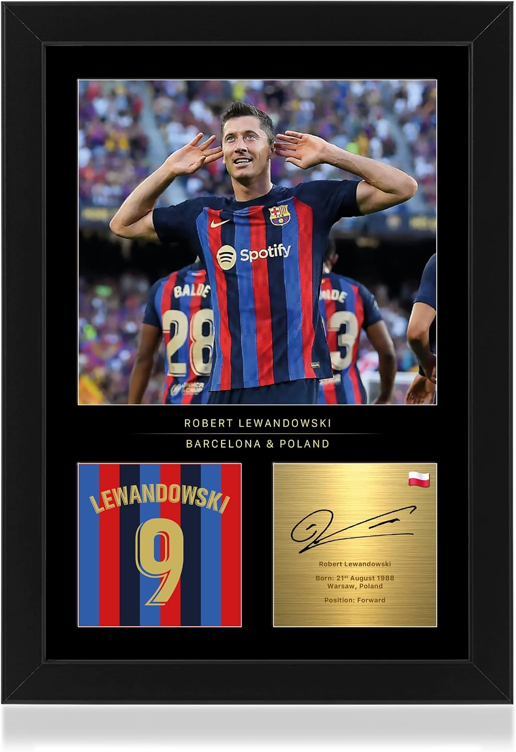 Win FC Robert Lewandowski Signed A4 Framed Photo Display - Reproduced Digital Signature - Gift For Barcelona Fans