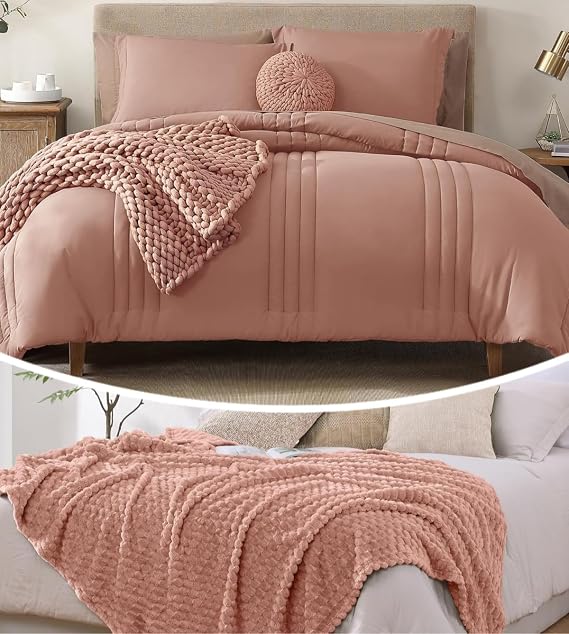 Monbix 7 Piece Comforter Sets and Fleece Throw Blanket Bundle