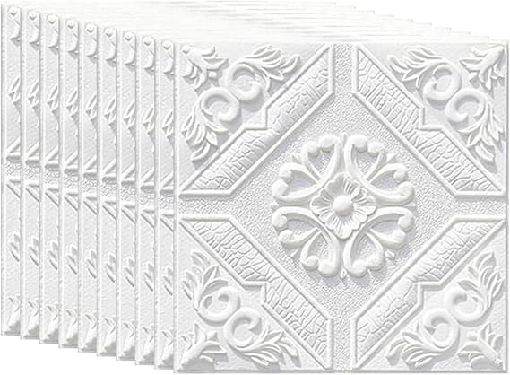 HAILM 10Pcs Foam Wall Panels, Peel and Stick 3D Wallpaper Wall Stickers, Waterproof Ceiling Tiles Self Adhesive, 0.3cm Thick for Home DIY Decoration - 35X35cm,White