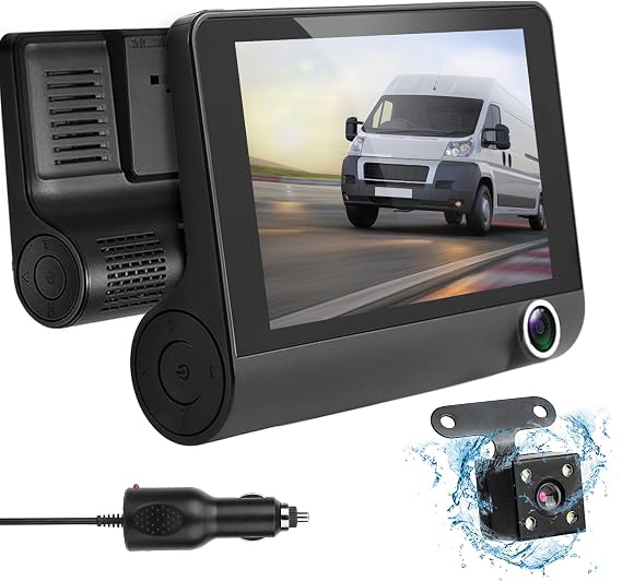 3 Channel Dash Cam Front Rear Inside, 4 inch Screen Dash Camera for Cars, 1296P Full HD Dash Cam Dual Lens Car Dash Camera with Loop Recording, Wide Angle