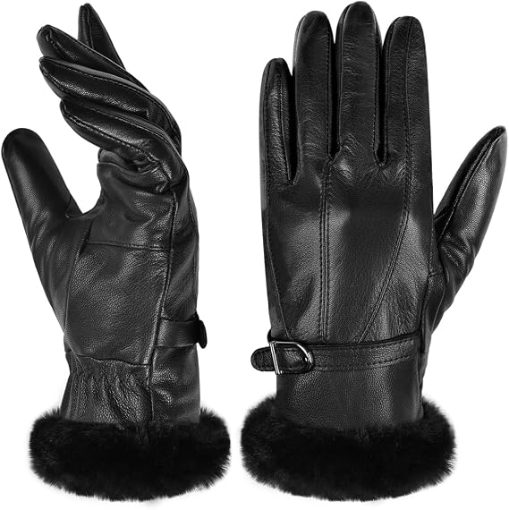 Harssidanzar Womens Leather Gloves for Winter Fur Lined SL022US