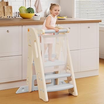 Onasti Toddler Learning Tower, Foldable Toddler Tower with Safety Bar, 3 Step Adjustable Height, Kitchen Step Stool for Kids with Handles, Non-slip, for Kitchen Counter Bathroom SinkGrey+white