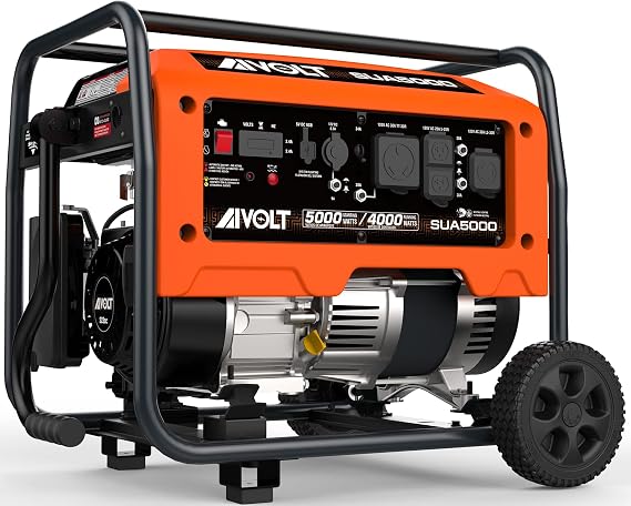AIVOLT 5000 Watt Gas Powered Generator - Portable Outdoor Generator Open Frame Heavy Duty Gasoline Generator with CO Sensor Wheel Kits for RV Camping Home Use, 50 State Approved