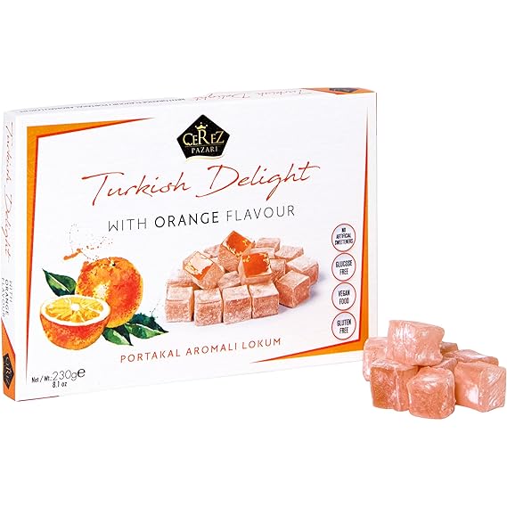 Cerez Pazari Turkish Delight Orange Flavor, Gourmet Small Size Snacks Gift Box, Sweet Traditional Confectionery, Vegan Soft Candy Dessert Loukoumi, Nut & Glucose-Free Lokum, Approx. 40 Pcs, 8.1 oz.