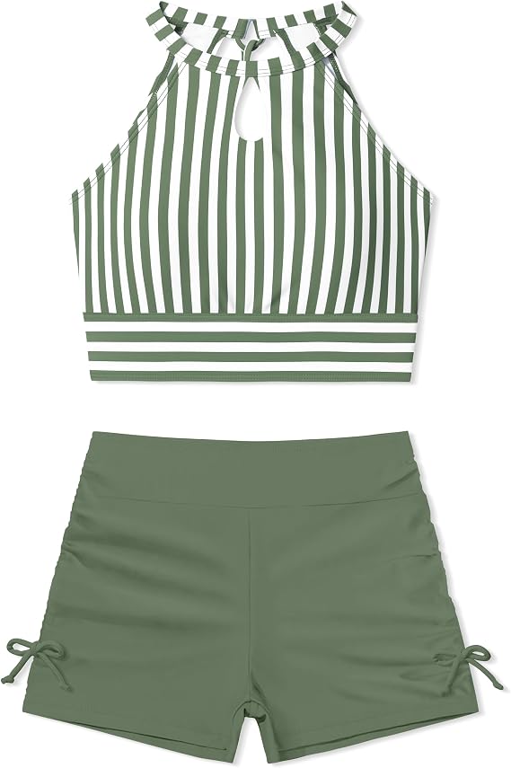 Teen Swimsuits for Girls 12-14 Girls Tankini White-Green Striped Halter Neck Cute Girl Bathing Suits Green Swim Shorts 2 Piece Swimwear 13-14