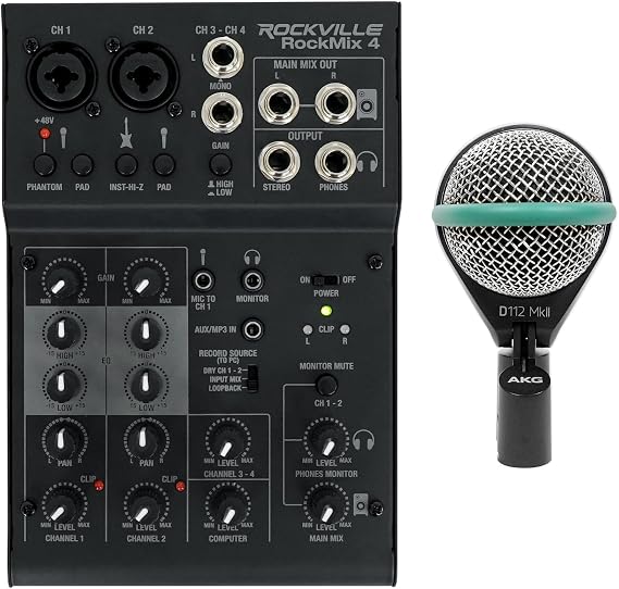 Audiosavings Bundle:(1) AKG D112 MKII Professional Dynamic Kick Drum Bass Guitar Microphone Mic Bundle with (1) Rockville RockMix 4 Channel Mic/Instr Pro Recording Mixer+USB Interface/EQ (Items 2)