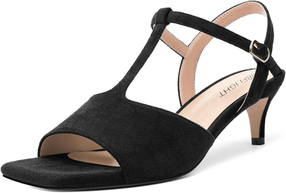 AMBELIGHT Womens Buckle Solid Party Square Toe Cute Suede T Strap Kitten Low Heel Sandals 2 Inch