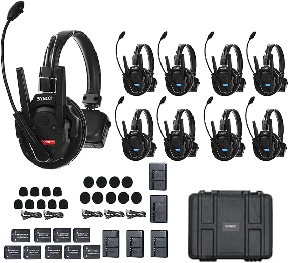 SYNCO XTalk XPro9 2.4G Wireless Intercom System Full Duplex Wireless Headset Communication Real-time Monitoring, Wireless-Headset-Intercom-for-Communication for 9 Users