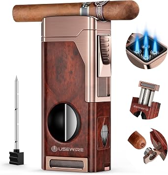 Cigar Lighter, Multifunctional Lighter with V-Cigar Cutter, Cigar Holder, Cigar Punch and Cigar Draw Enhancer, Fillable Butane Torch Lighter, Multi-Purpose Cigar Accessory, Cigar Gifts