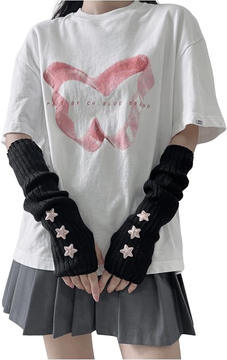 Verdusa Women's Y2k Arm Warmers Heart Knit Arm Sleeves Fingerless Gloves