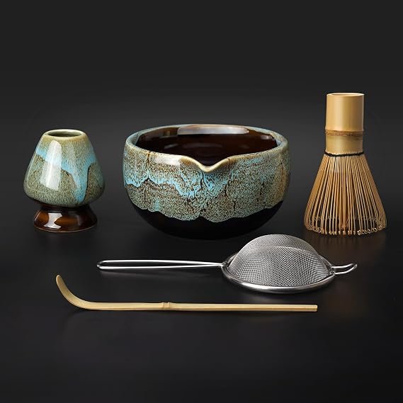 Joiish Matcha Whisk Set, Kiln-changed Matcha Kit, Ceramic Bowl with Spout (18oz), Bamboo Whisk, Stainless Sifter, Scoop & Chasen Holder, 5-PC Complete Japanese Macha Tea Ceremony Tools (Blue)