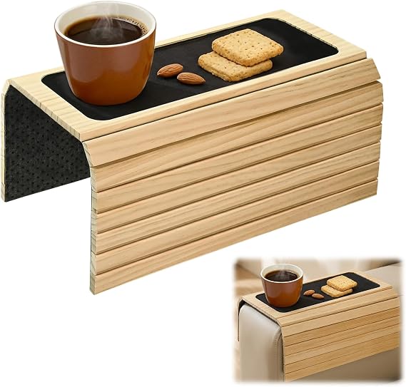Sofa Arm Tray Natural Bamboo, Foldable Couch Arm Table with Black Coaster, Non-Slip Sofa Armrest Organizer for Recliners and Sectionals, Couch Armrest Table Tray for Snacks, Coffee, Drinks, Phone