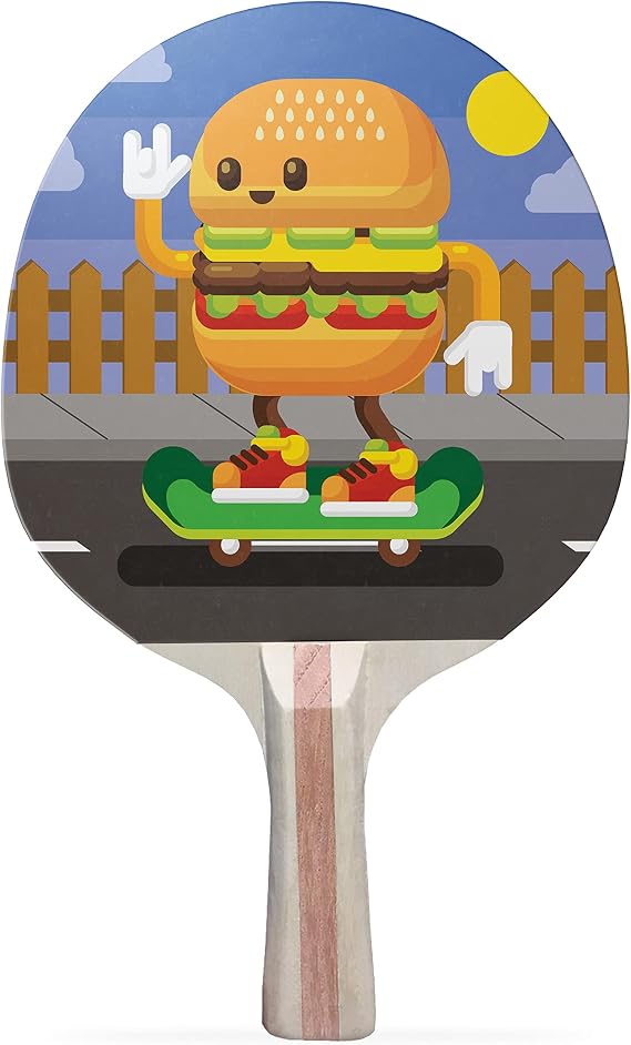 Hamburger Skateboard Colorful Design Ping Pong Paddle, Premium 5 Ply Table Tennis Racket (Black on Back)