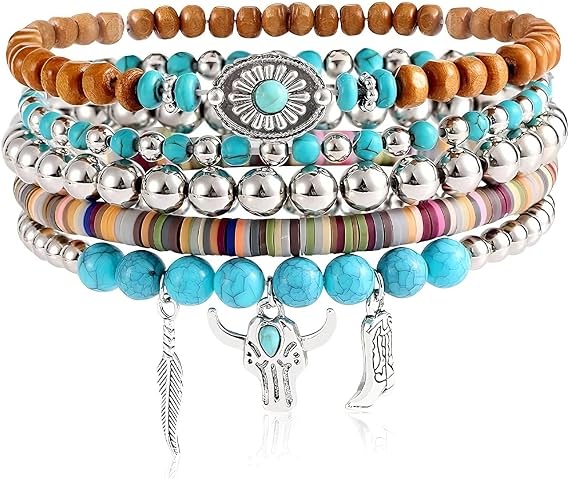 Boho Western Bracelets for Women - 5 Pcs Stackable Beaded Bracelets - Cowgirl Turquoise Jewellery Set for Beach, Birthday & Everyday Wear