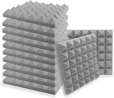 SK Studio 12 PACK Acoustic Foam Panels Fireproof Pyramid Soundproof Studio Wall Tiles Sound Absorbing for Home Studio Ceiling 9.8x9.8x2, Grey