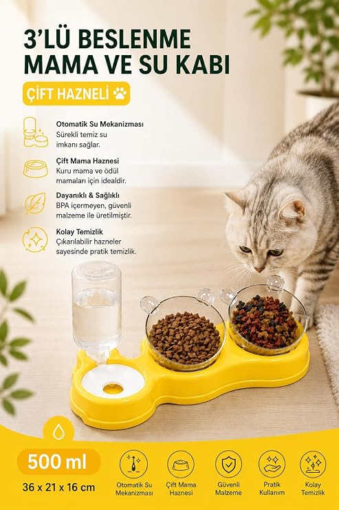 Çift Hazneli- 3' lü Beslenme Mama ve Su Kabı Sarı 500ml 36 * 21 * 16 cm