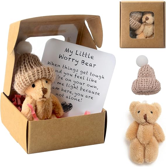 Pocket Hug Positive Mini Teddy Bear Bear in a Box Mini Plush Figures Funny Teddy Bear Doll Worry Bear Hug in a Box Small Animal with Inspirational Card for Women Baby Shower Friends