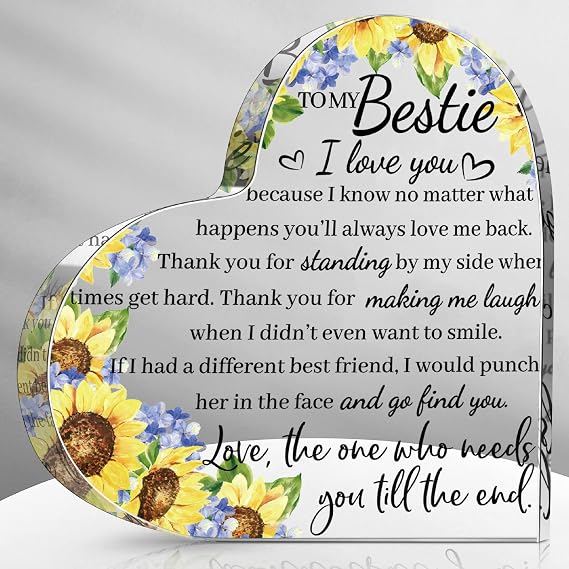 Friendship Gift for Women Friend Acrylic Heart, Sunflower and Blue Flower