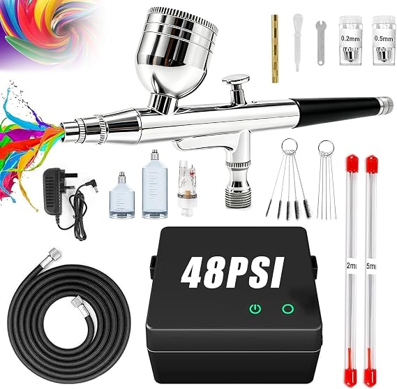 40PSI Airbrush Compressor Kit, Dual Action Non-Clogging Air Brush Set