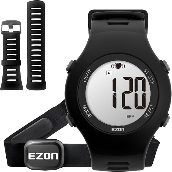EZON Heart Rate Monitor Chest Strap and Digital Watch T037,5ATM Waterproof Fitness Tracker with HRM,Calories Burned,Stopwatch and Hourly Chime (Watch Band Included)