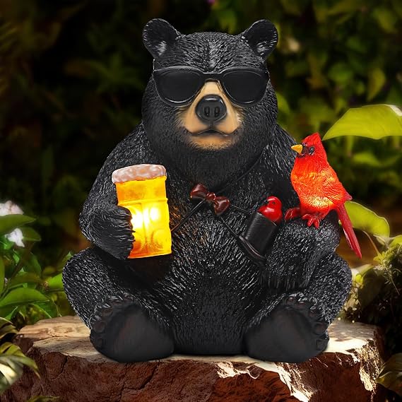Solar Black Bear Statue for Garden with Beer and Cardinals
