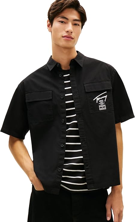 Tommy Jeans Men's Short Sleeve Casual Cotton Button Down Shirt Boxy Overshirt