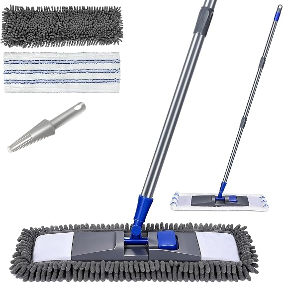 Microfiber Mop for Floor Cleaning, Flat Dust Mop for Home and Kitchen | Adjustable Stainless Steel Handle with 2 Washable Pads&1 Cleaning Scrape for Hardwood, Vinyl