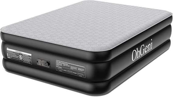 OhGeni 18" Luxury Air Mattress Queen with Built-in Pump,Inflatable Bed for Superior Comfort, Premium Blow-Up Mattress for Home & Guest, Easy Setup, Extra Support, Black