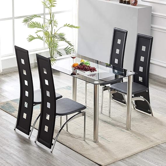 5 Piece Dining Room Table Set, Modern Black Dining Table Set for 4, Kitchen Tempered Glass Table with 4 Faux Leather High Back Chairs, Dining Set of 4 for Kitchen Dining Room Dinette